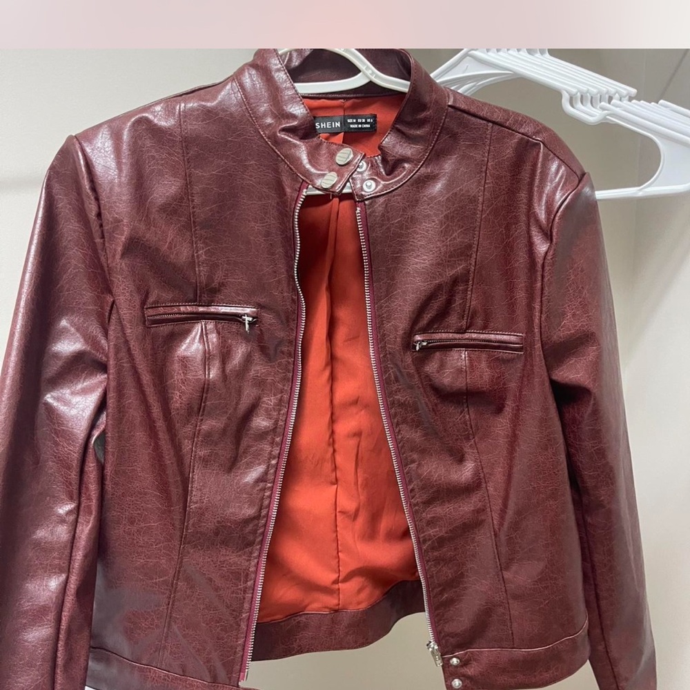 SHEIN Women's Burgundy Faux Leather Jacket